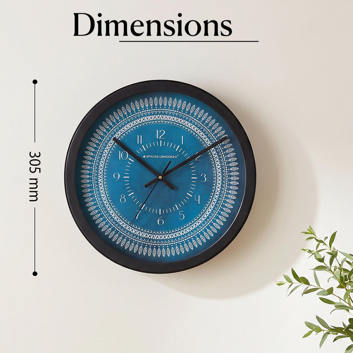 Spaces Unhooked Round Wall Clock, Teal Blue Dial, Leaf Mandala Pattern