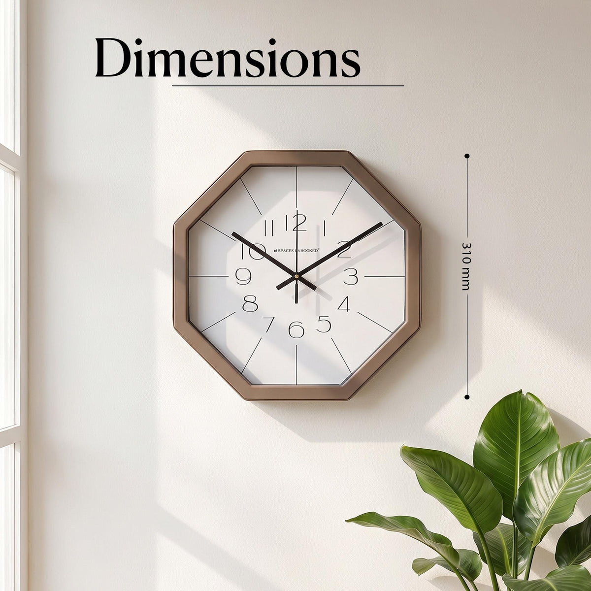 Taupe octagonal wall clock in a Japandi bedroom with linen bedding and ceramic vases