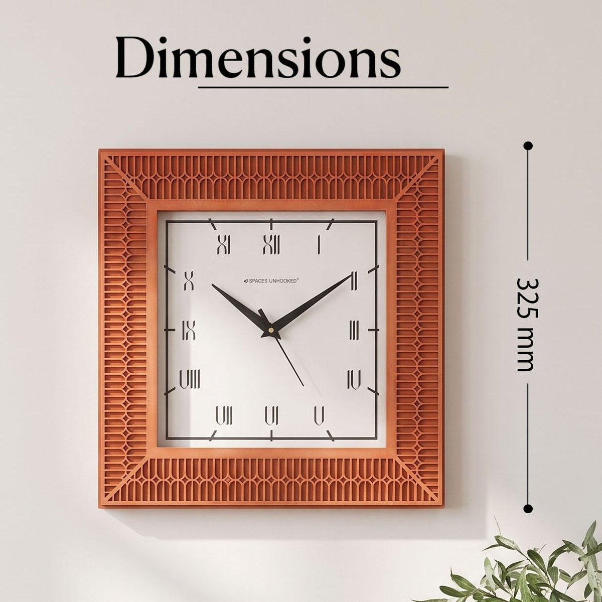 Terracotta roman wall clock on a living room wall above a sofa