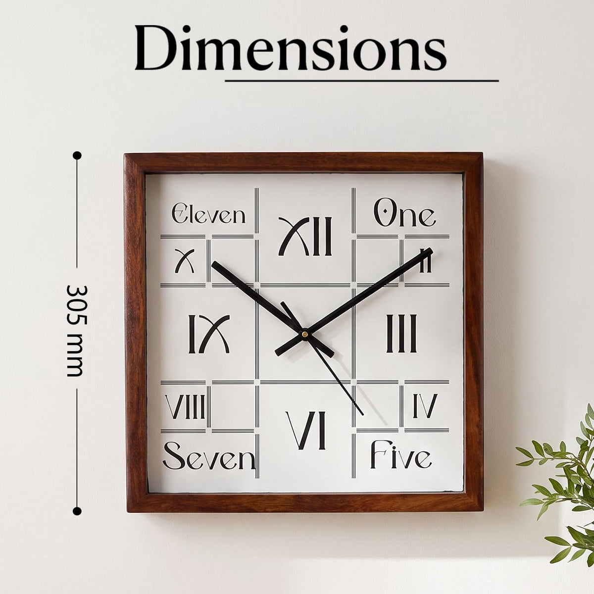 Spaces Unhooked Square Wooden Wall Clock, Roman Numerals and Words