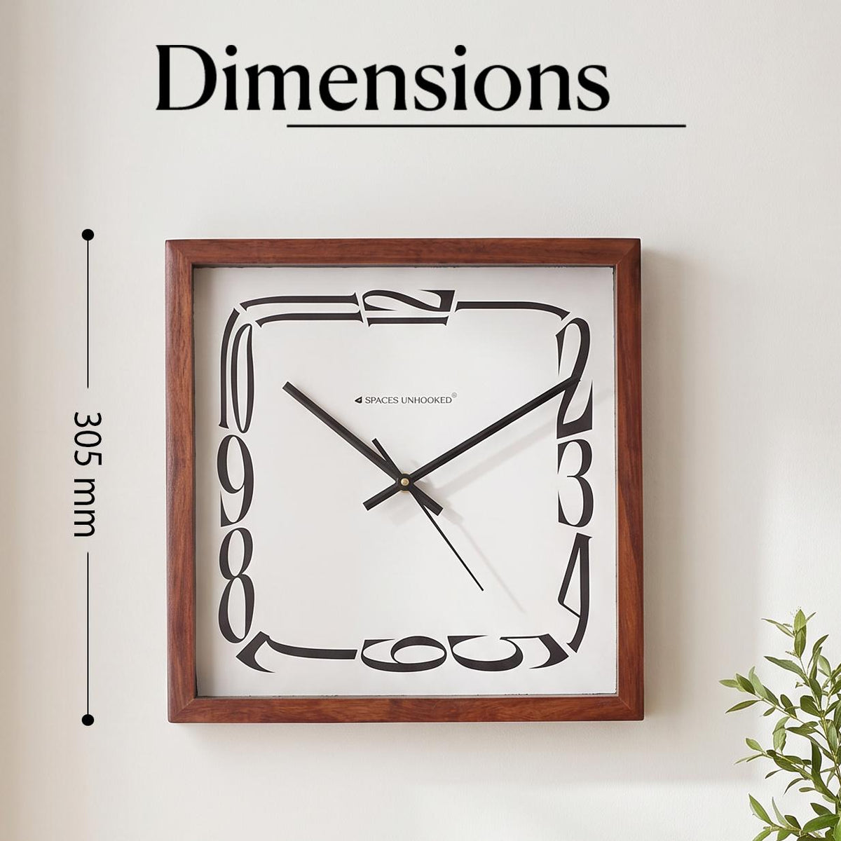 Spaces Unhooked Square Wooden Wall Clock, Warped Numerals, Brown Frame