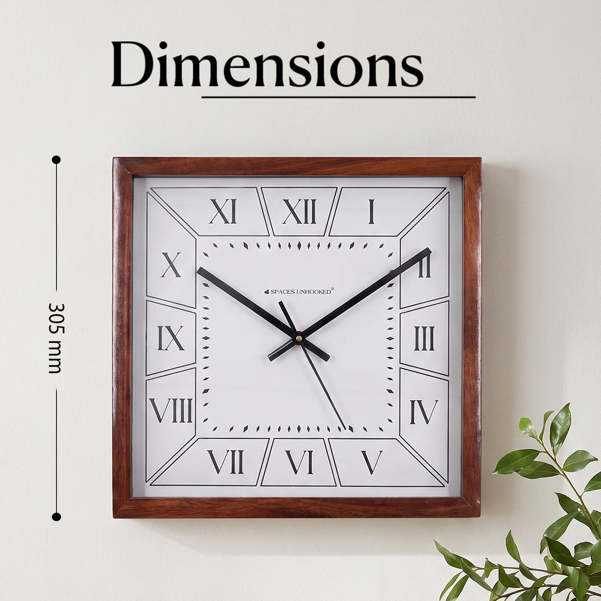 Close-up of Roman numerals I to XII in trapezoid panels on a square wooden wall clock dial