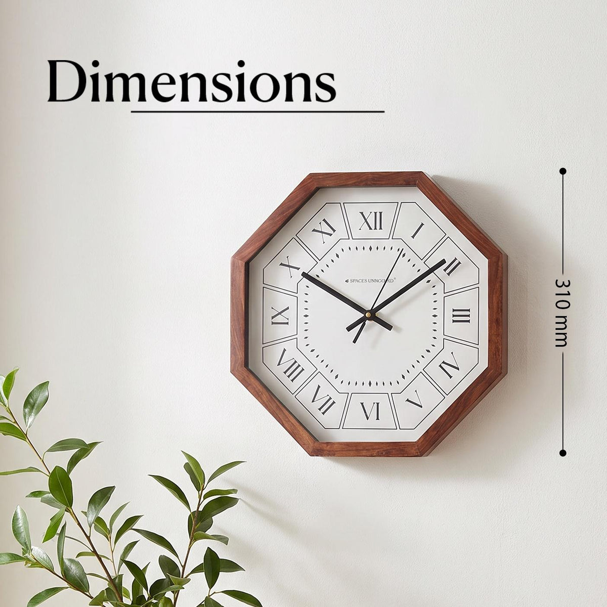 Close-up of Roman numerals I to XII in outlined panels on an octagonal wooden wall clock dial