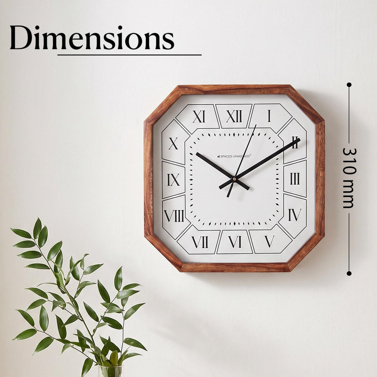 Close-up of Roman numerals I to XII in outlined panels on a cut-corner wooden clock dial