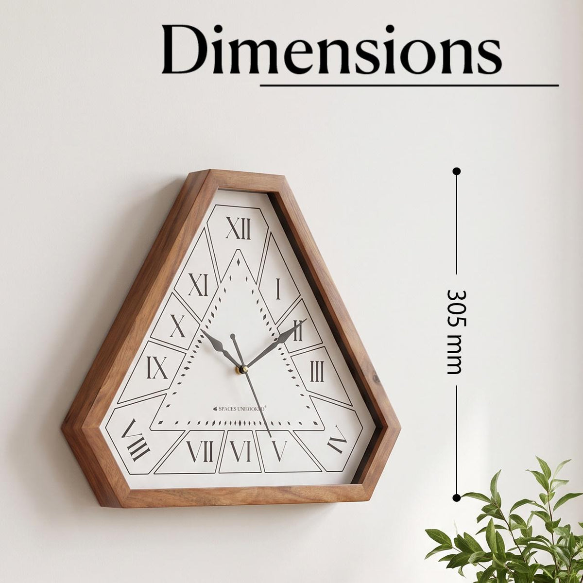 Close-up of Roman numerals I to XII in outlined panels on a triangular wooden clock dial