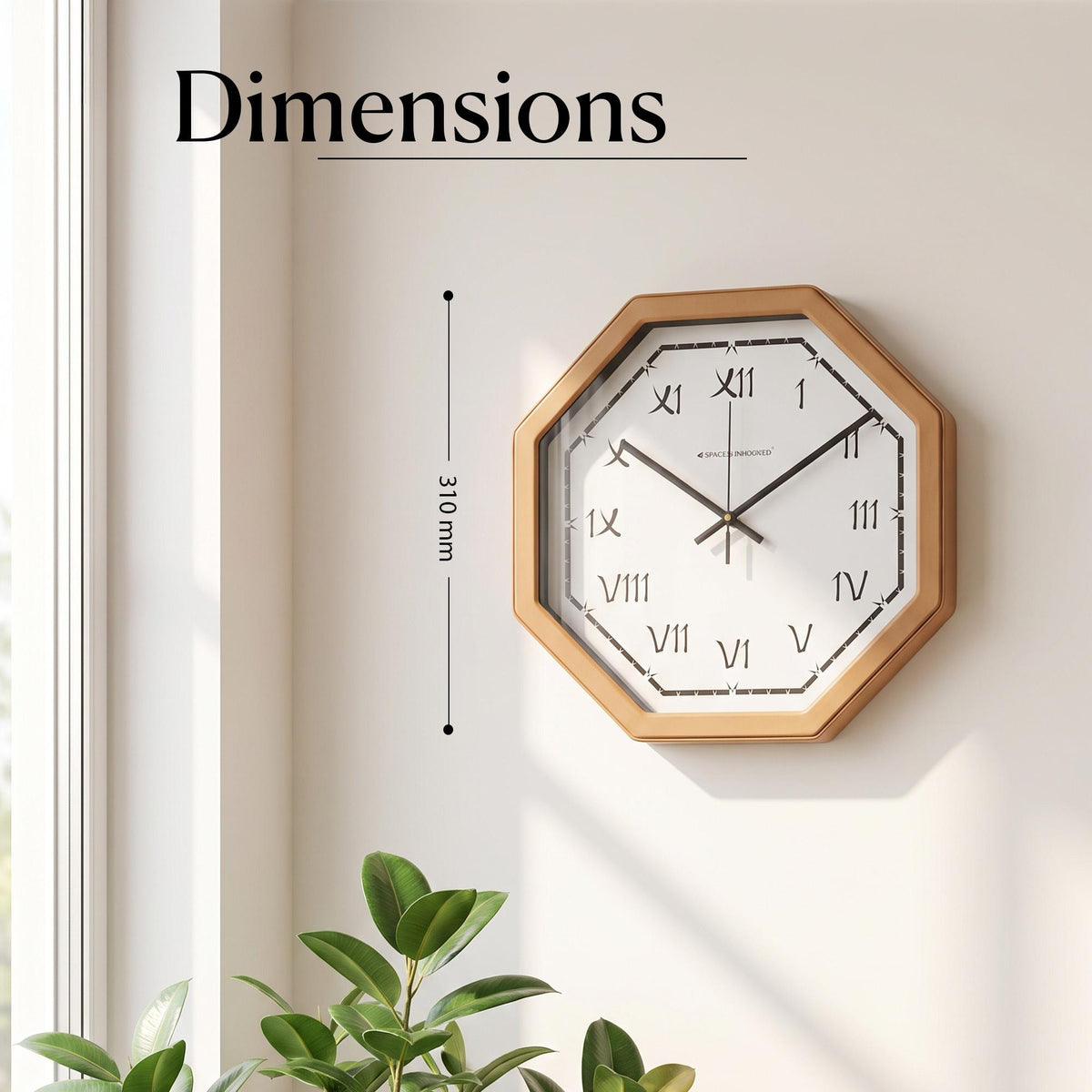 Terracotta octagonal wall clock above a wooden console with clay pots and dried grasses