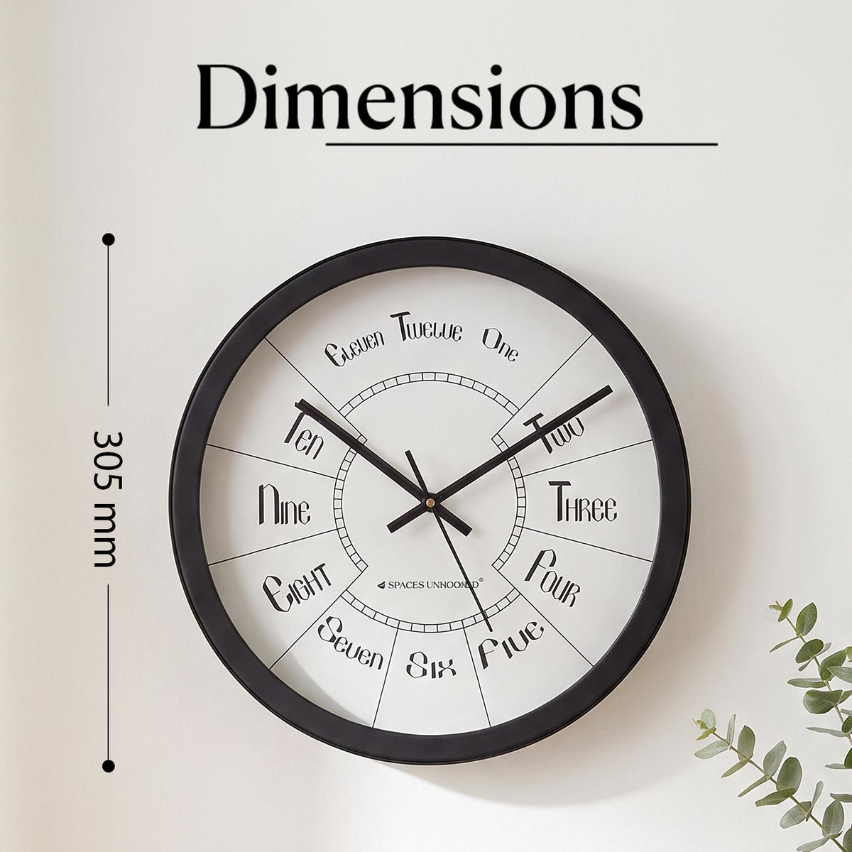 Spaces Unhooked Round Wall Clock, Number Words Dial, Black Frame