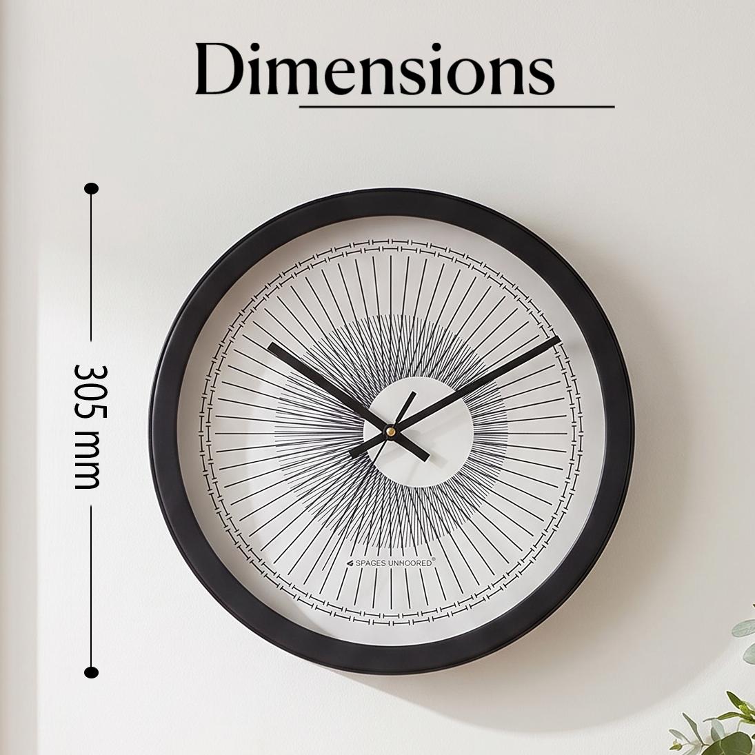 Spaces Unhooked Round Wall Clock, Sunburst Line Art Dial, Black Frame