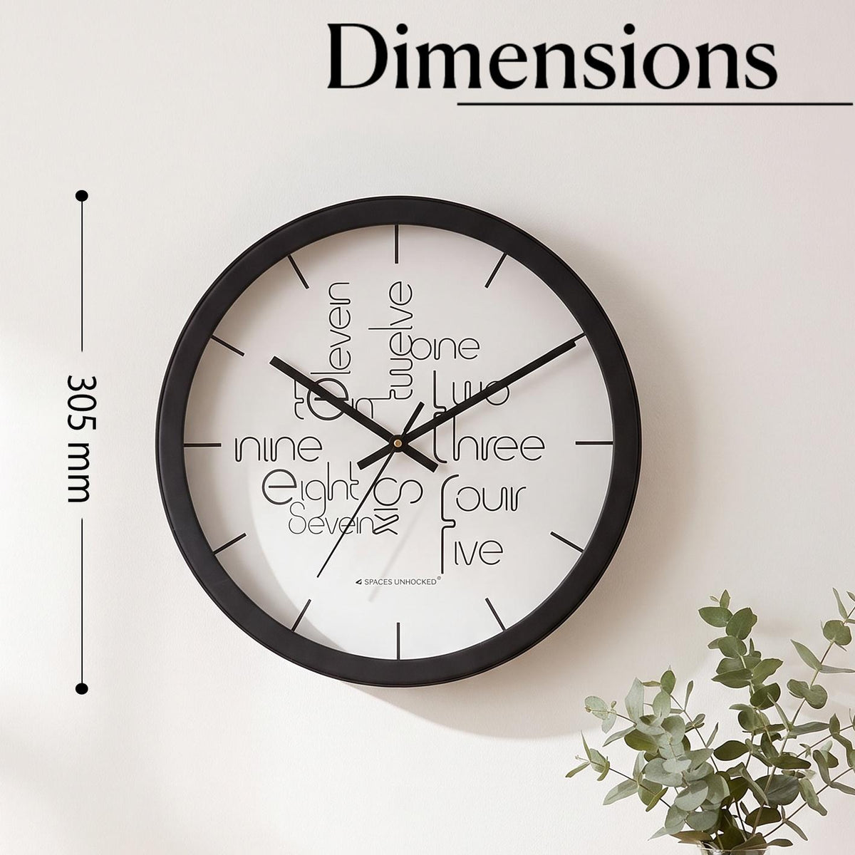 Spaces Unhooked Round Wall Clock, Typography Number Words, Black Frame