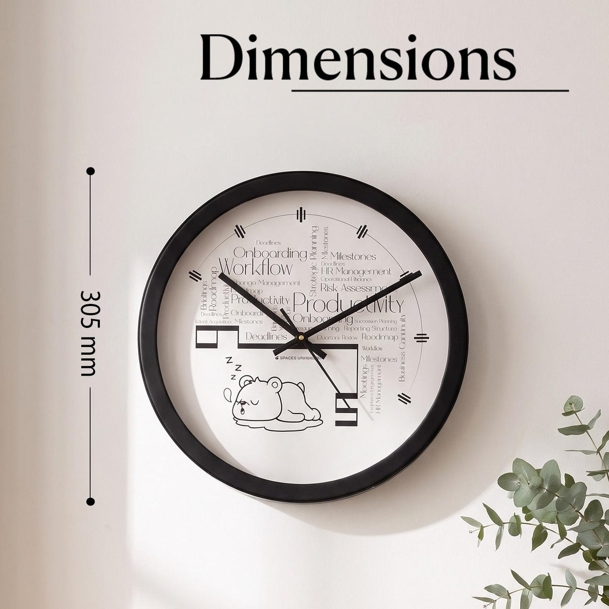 Spaces Unhooked Office Wall Clock, Word Cloud, Sleepy Bear