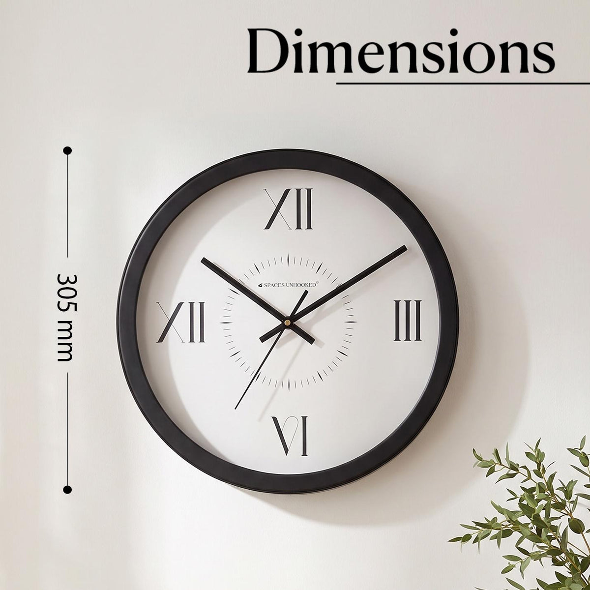 Spaces Unhooked Round Wall Clock, Roman Numerals at 12 3 6 9, Black
