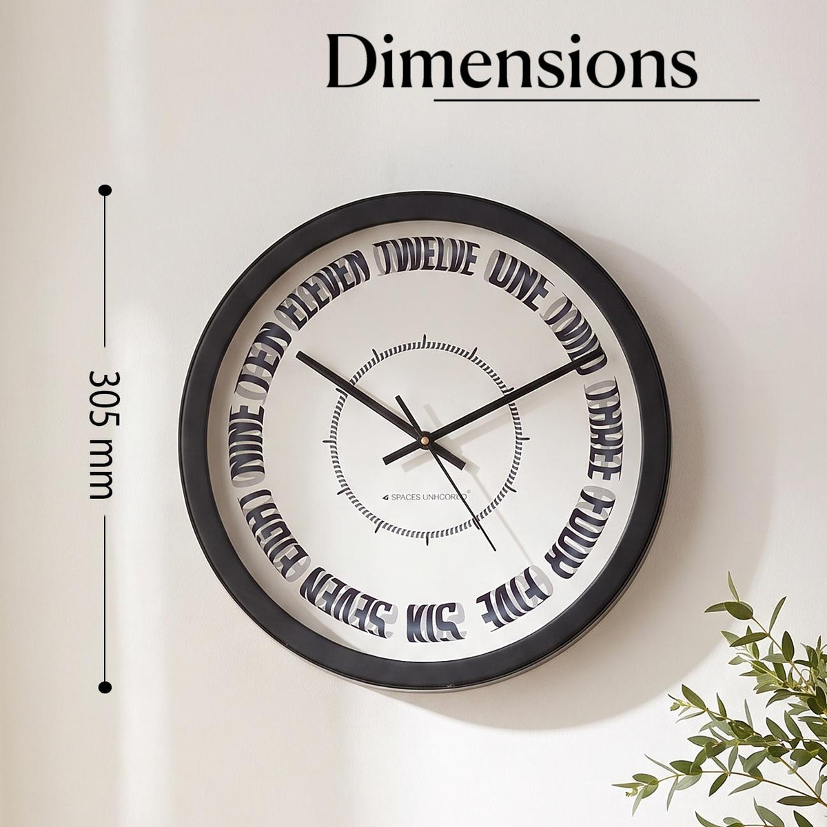 Spaces Unhooked Round Wall Clock, Curved Number Words, Black Frame
