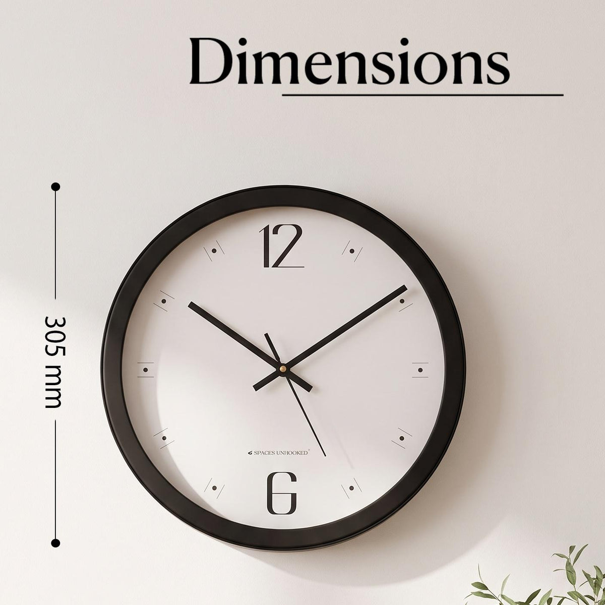 Spaces Unhooked Minimalist Round Wall Clock, 12 and 6 Numerals, Black