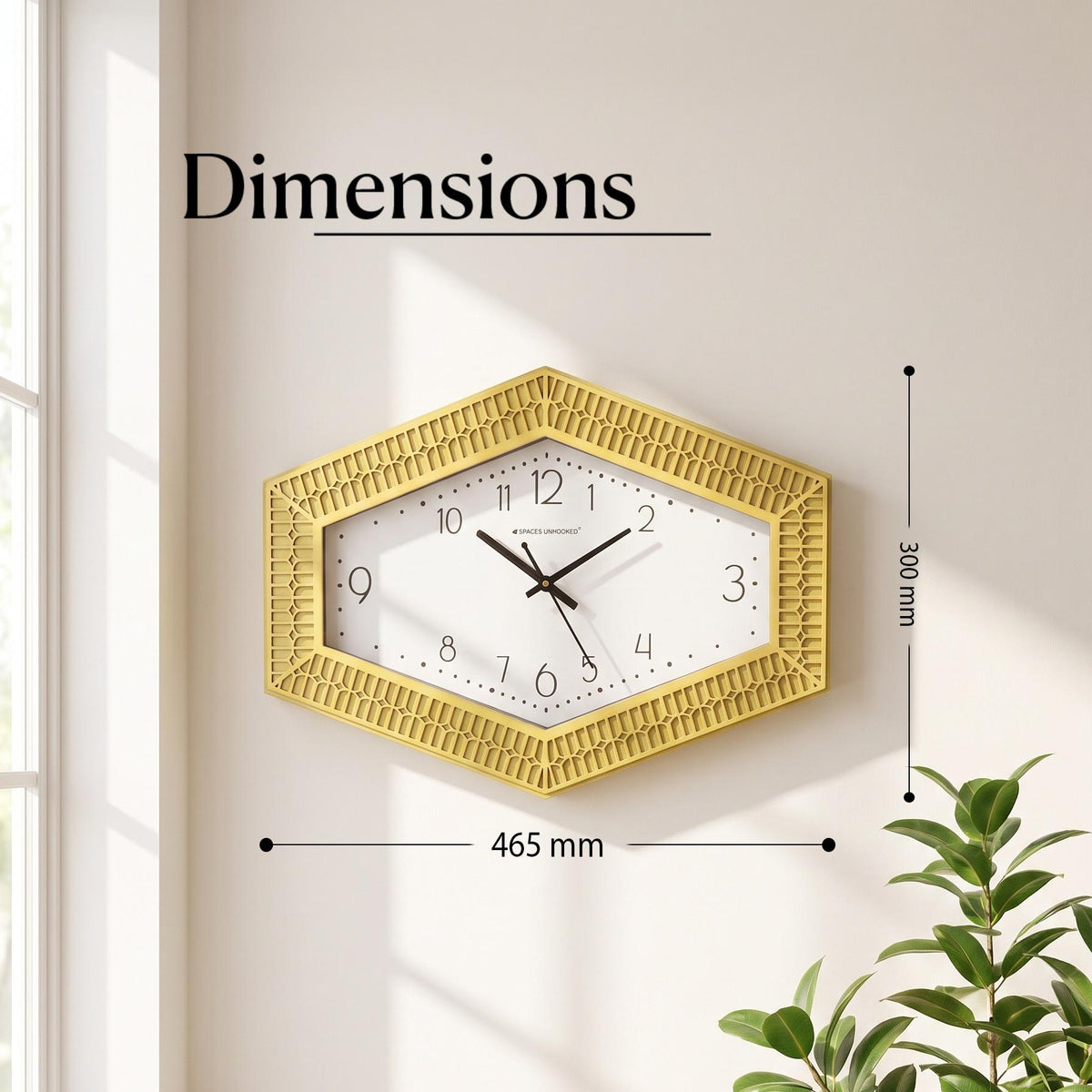 Hexagonal yellow wall clock on a kitchen wall near the dining table