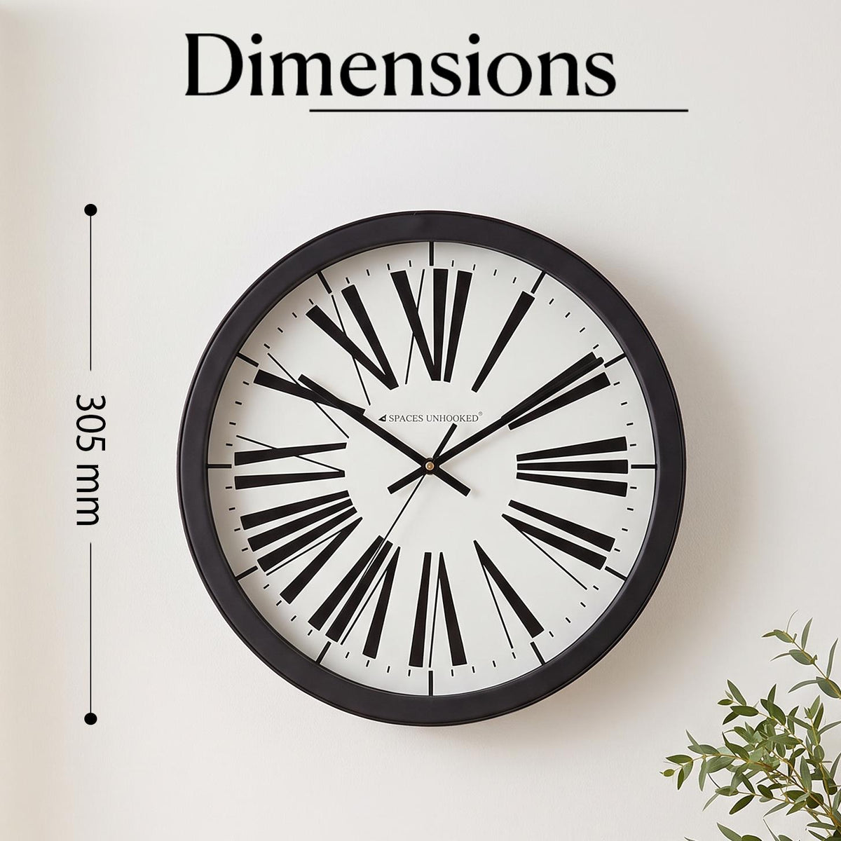 Spaces Unhooked Round Wall Clock, Tapered Roman Numerals, Black Frame