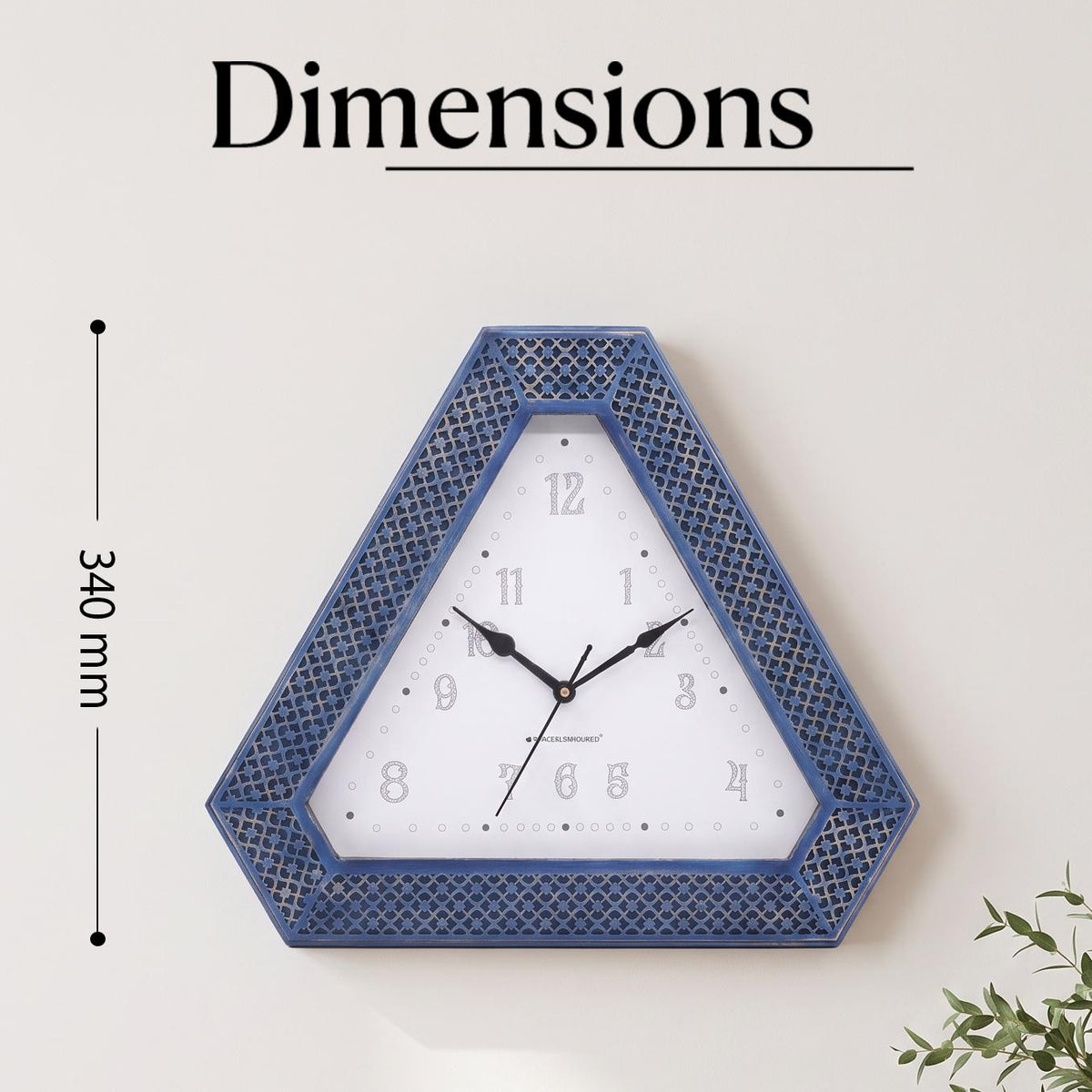 Spaces Unhooked Triangular Wall Clock, Blue Lattice Frame, White Dial