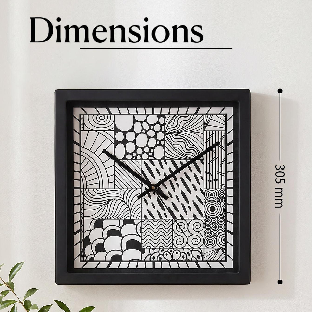 Close-up of spirals, waves, pebbles and rays in a black and white doodle art clock dial