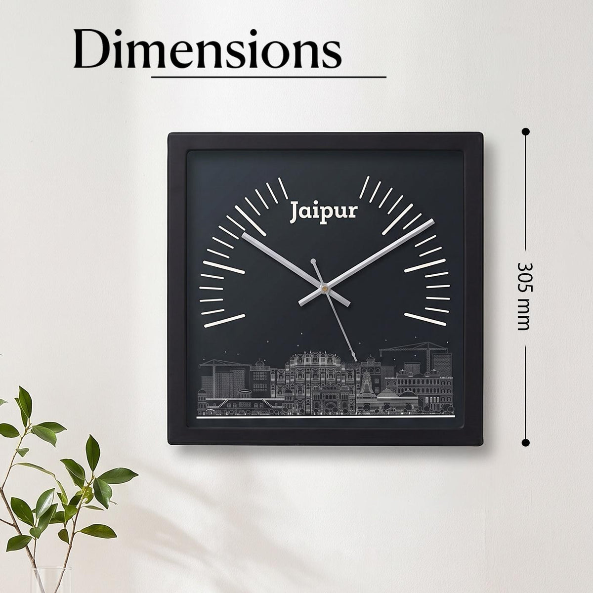 Close-up of Jaipur skyline line art and name on a deep green clock dial