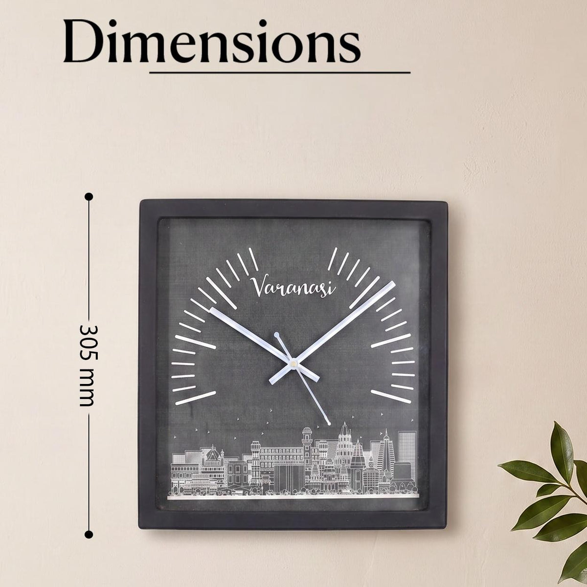 Close-up of Varanasi skyline line art and name on a charcoal clock dial