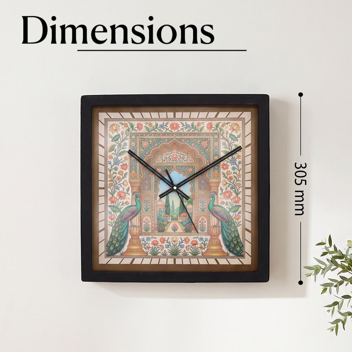 Close-up of twin peacocks, arched window and florals on a painted clock dial