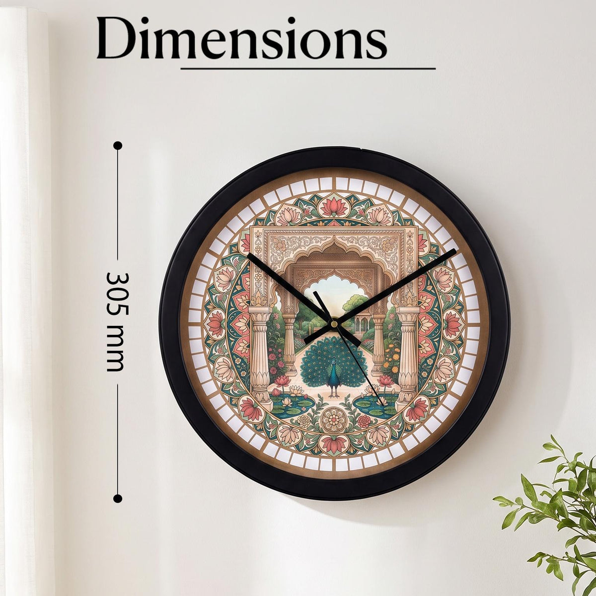 Spaces Unhooked Peacock Indian Art Round Wall Clock, Floral