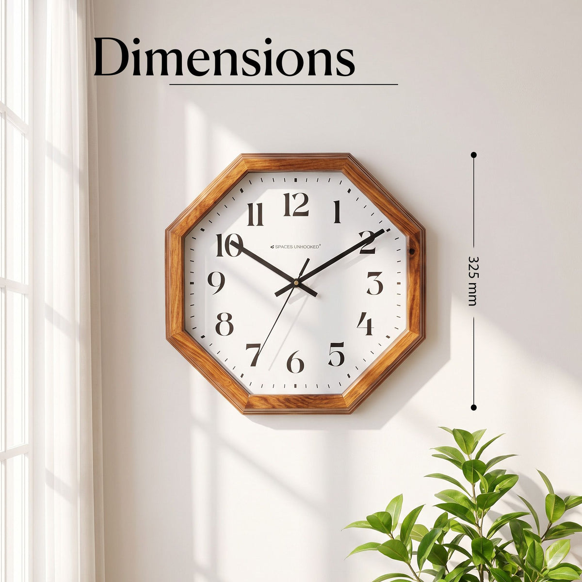 Wooden Wall Clock Octagon Brown Analog Silent for Living Room & Hall
