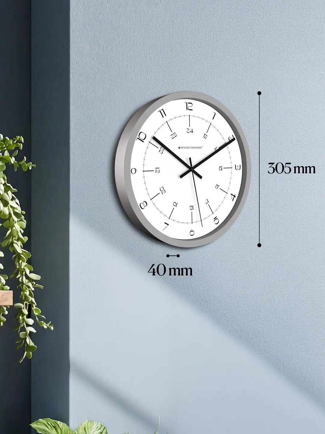 Dimensions of Spaces Unhooked 12 inch grey wall clock showing 305 mm diameter and 40 mm depth