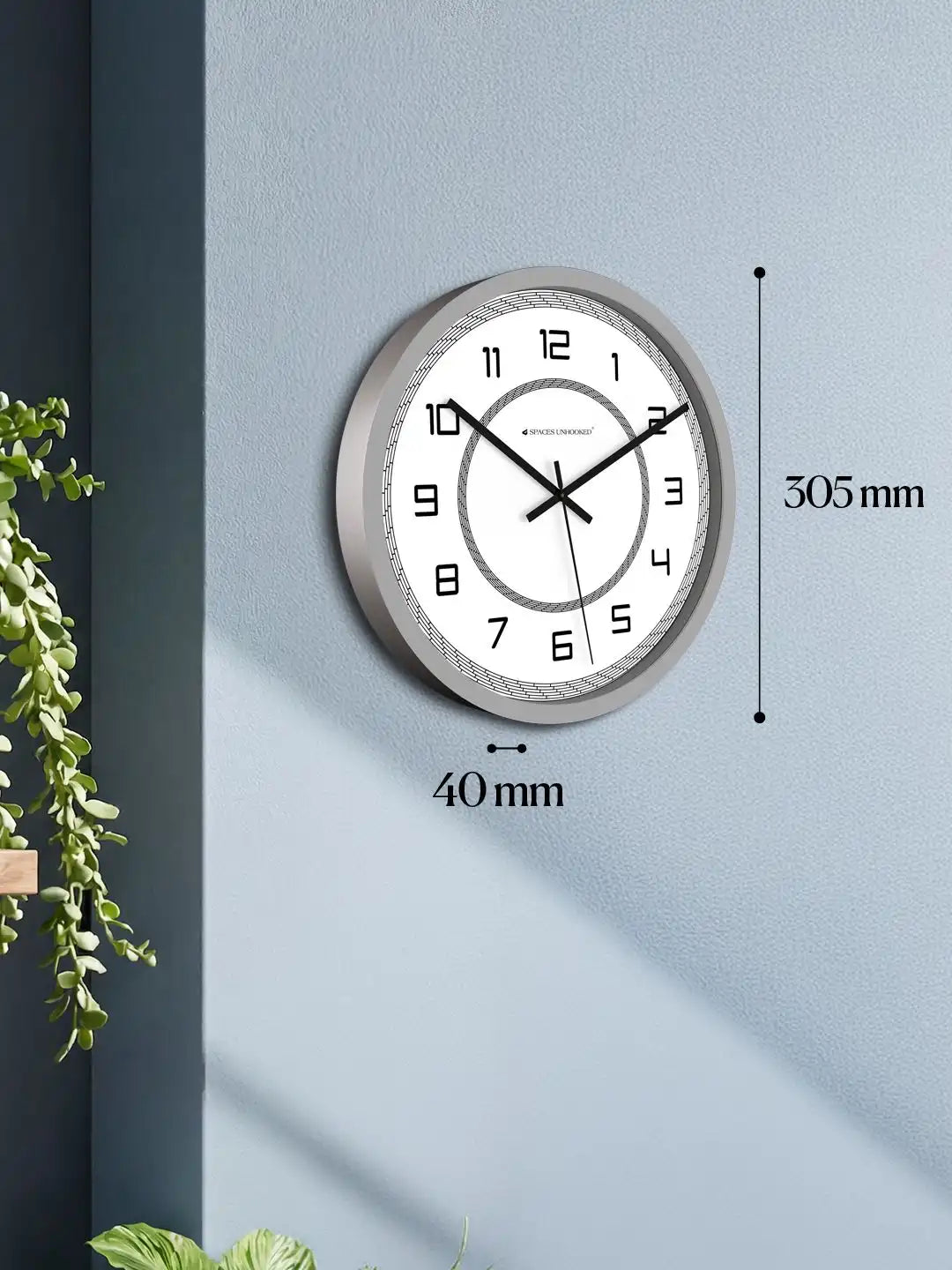 Dimension View of Silent Plastic Wall Clock – 305mm x 40mm Grey Circle Texture Dial Wall Clock Under 500