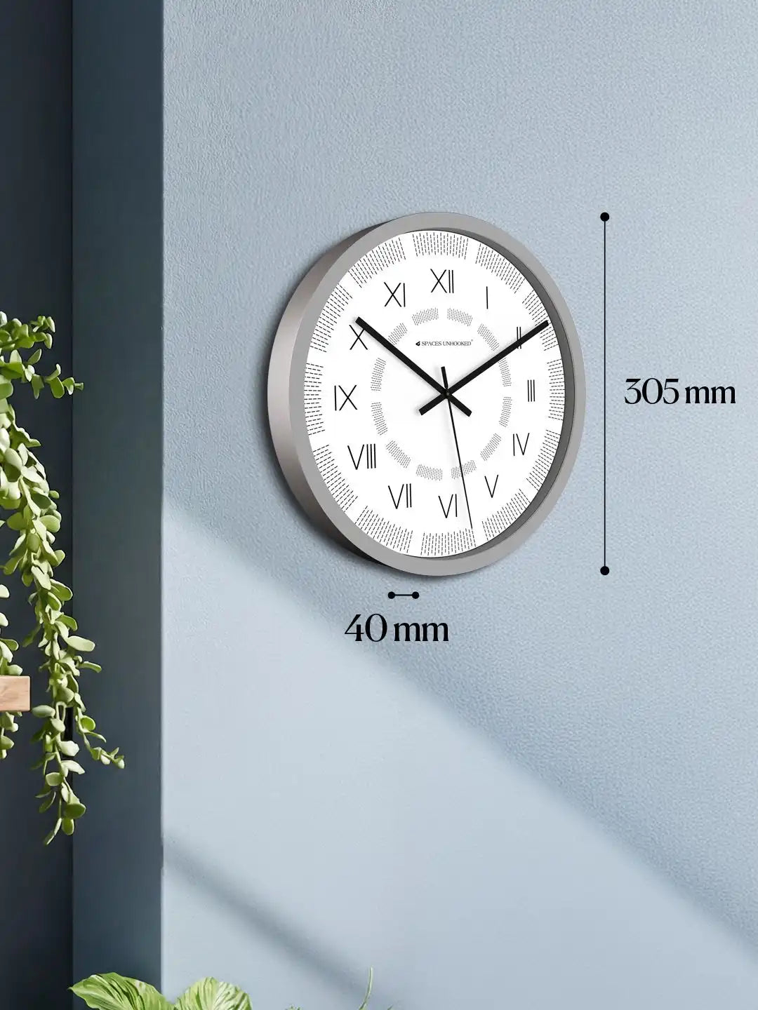 Dimension View of Silent Plastic Wall Clock – 305mm x 40mm Grey Roman Numeral Dash Texture Dial Wall Clock Under 500