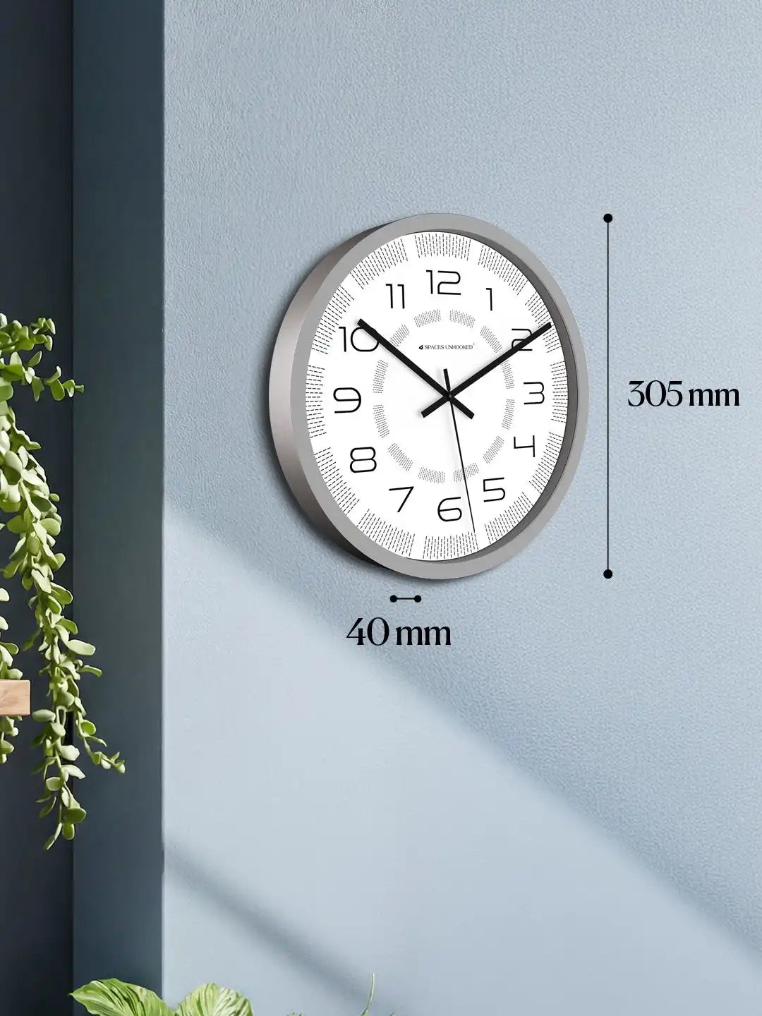 Dimension View of Silent Plastic Wall Clock – 305mm x 40mm Grey Dash Texture Dial Wall Clock Under 500