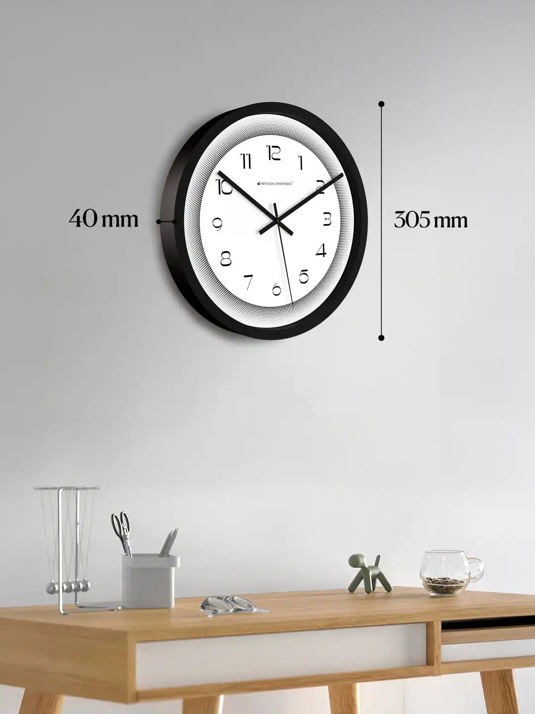 Dimension View of Silent Plastic Wall Clock – 305mm Black Halftone Border Dial Wall Clock Under 500