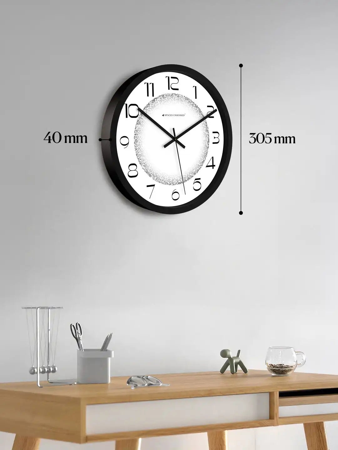 Dimension View of Silent Plastic Wall Clock – 305mm Black Halftone Dial Wall Clock Under 500