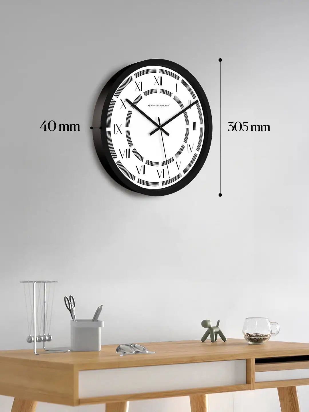 Dimension View of Silent Plastic Wall Clock – 305mm Black Designer Wall Clock Under 500