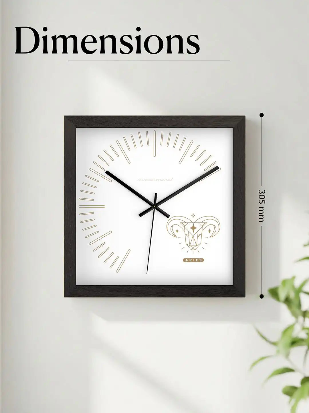 305mm Square Dark Wood Wall Clock Dimensions - Extra Large Wooden Wall Clock with Gold Aries Zodiac Dial