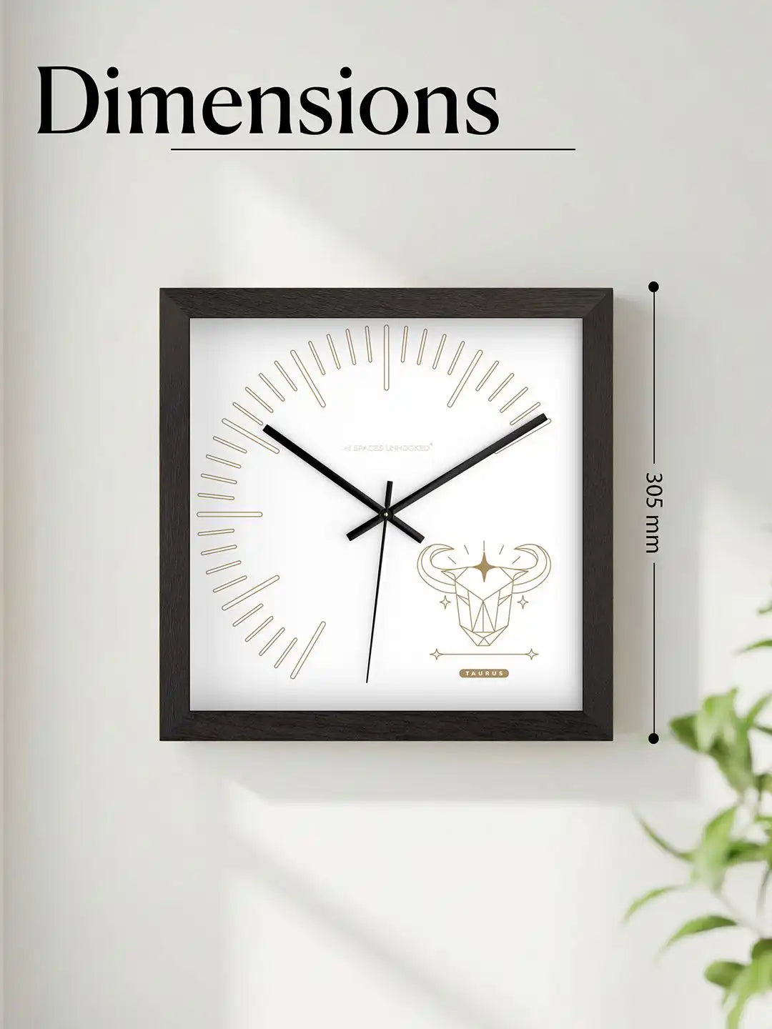Taurus Zodiac Oversized Wooden Wall Clock – 305mm Square Dark Wood Frame Dimensions | Spaces Unhooked