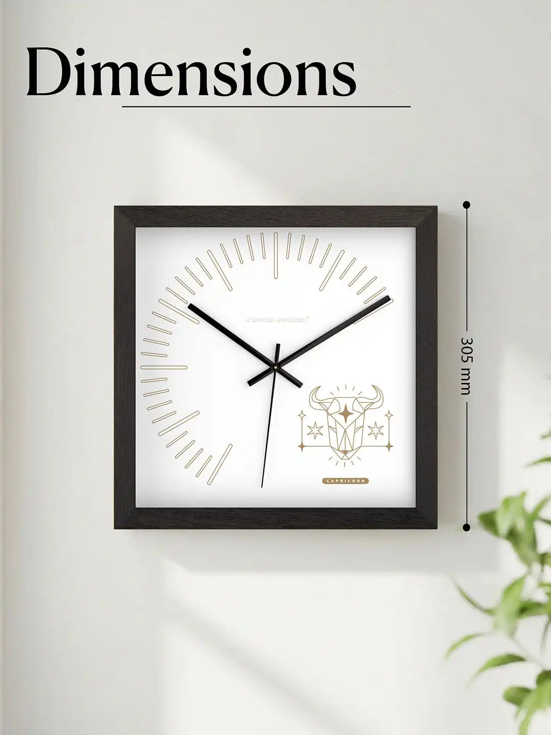 305mm Square Dark Wood Wall Clock Dimensions - Extra Large Wooden Wall Clock with Gold Capricorn Zodiac Dial