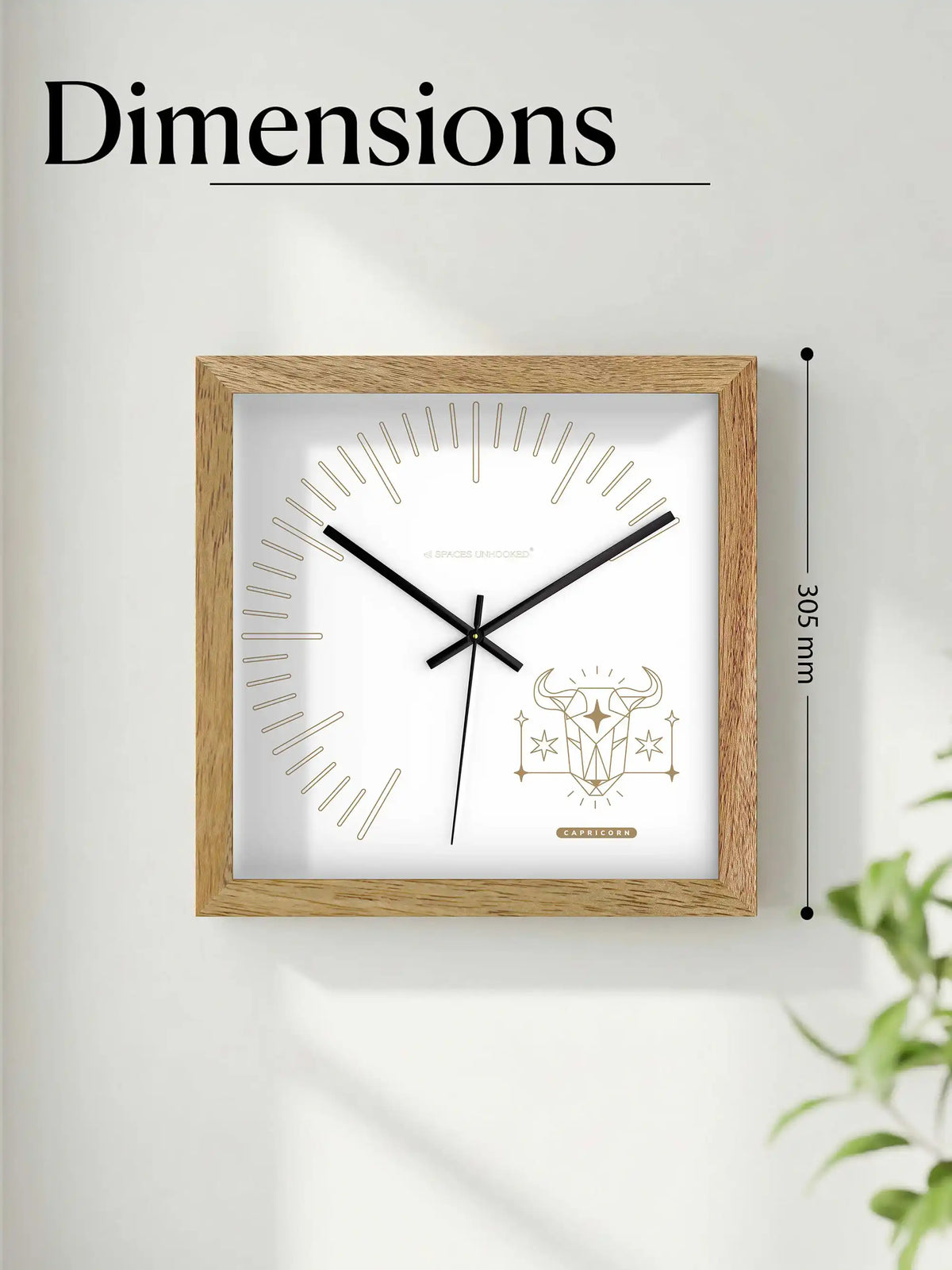 Capricorn Zodiac Wood Frame Wall Clock – Top Down View Natural Oak Frame Gold Markers | Spaces Unhooked