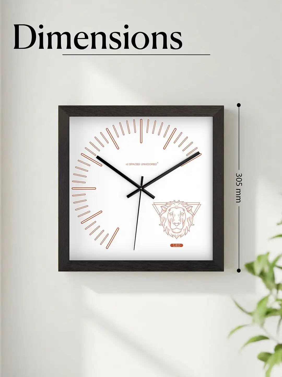 305mm Square Dark Wood Wall Clock Dimensions - Extra Large Wooden Wall Clock with Copper Leo Zodiac Dial