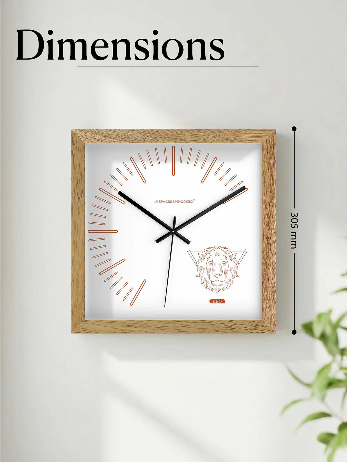 Leo Zodiac Wood Frame Wall Clock – Top Down View Natural Oak Frame Copper Markers | Spaces Unhooked