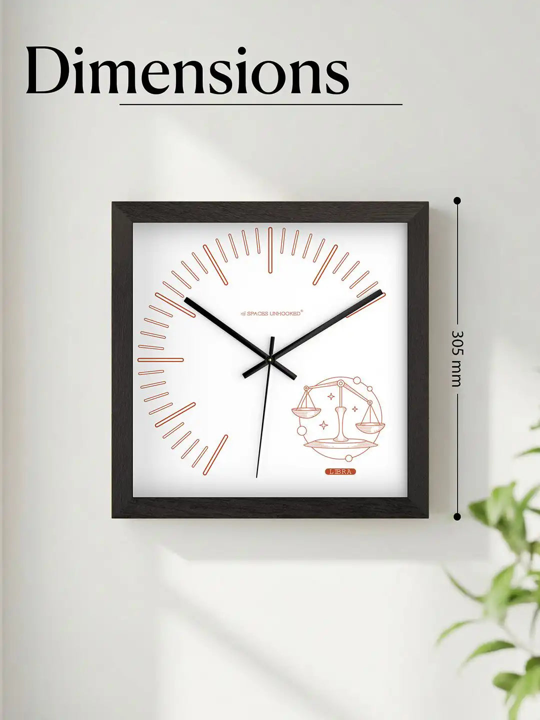 305mm Square Dark Wood Wall Clock Dimensions - Extra Large Wooden Wall Clock with Copper Libra Zodiac Dial