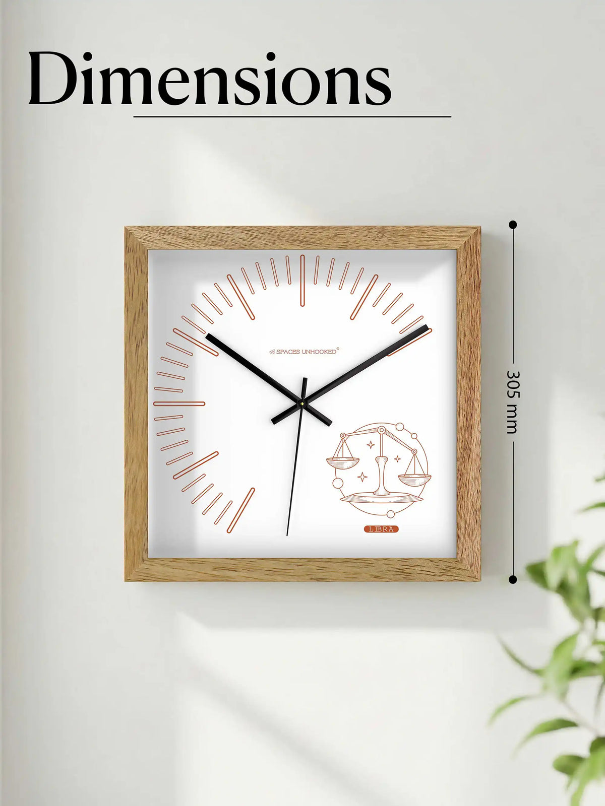 Libra Zodiac Wood Frame Wall Clock – Top Down View Natural Oak Frame Copper Markers | Spaces Unhooked