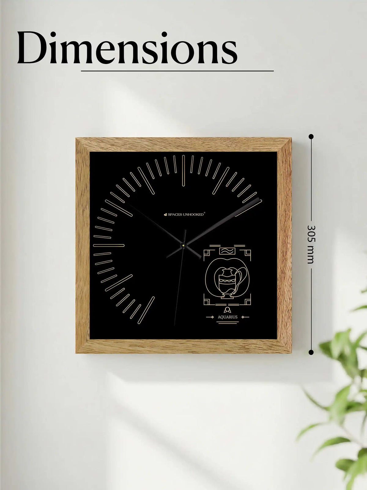 Aquarius Zodiac Sign Wall Clock with Wooden Frame and 305 mm Square Dimensions