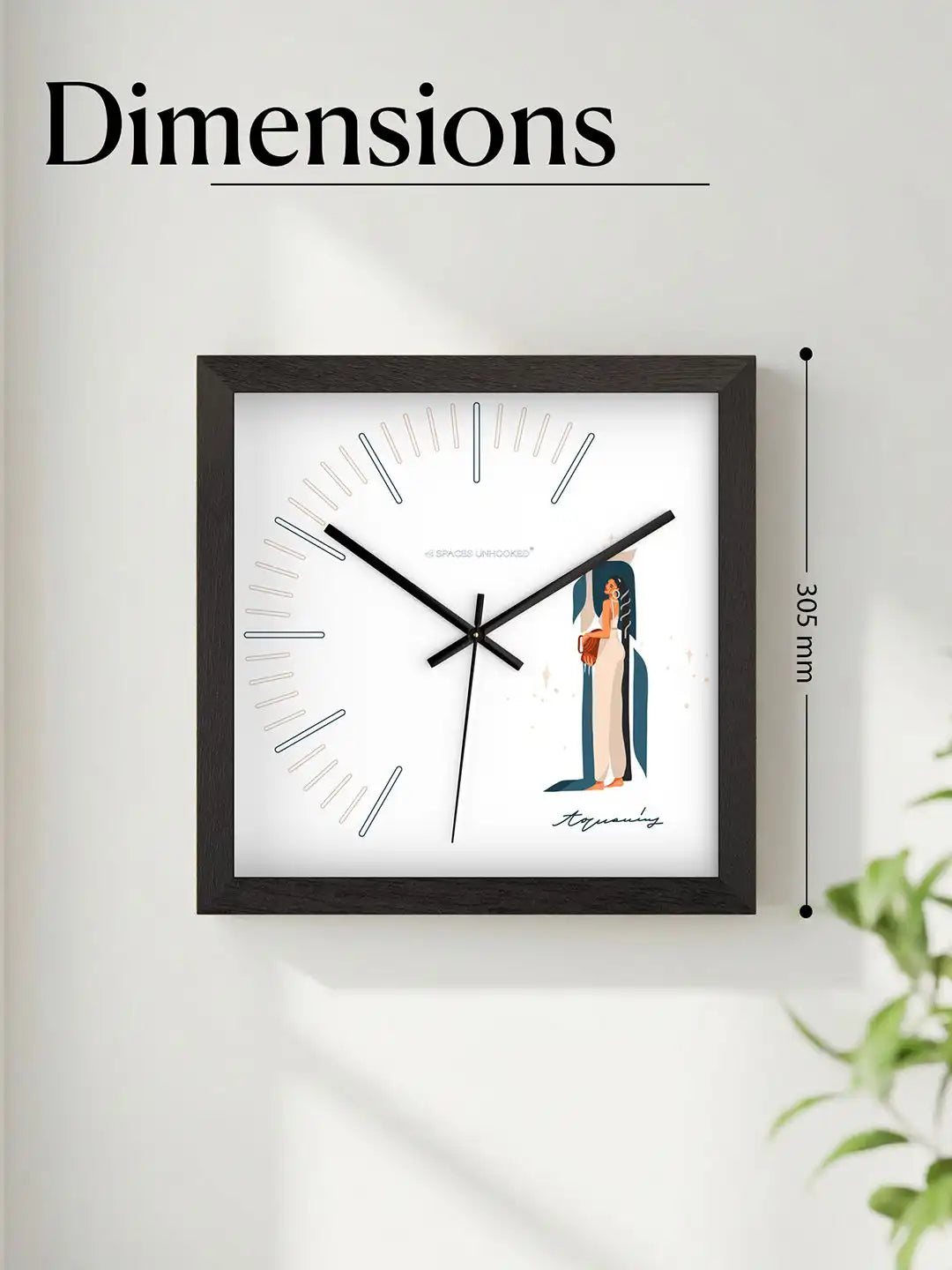 Aquarius themed square wall clock placed on a wooden cabinet beside decorative accents, showing size, scale, and modern interior styling.