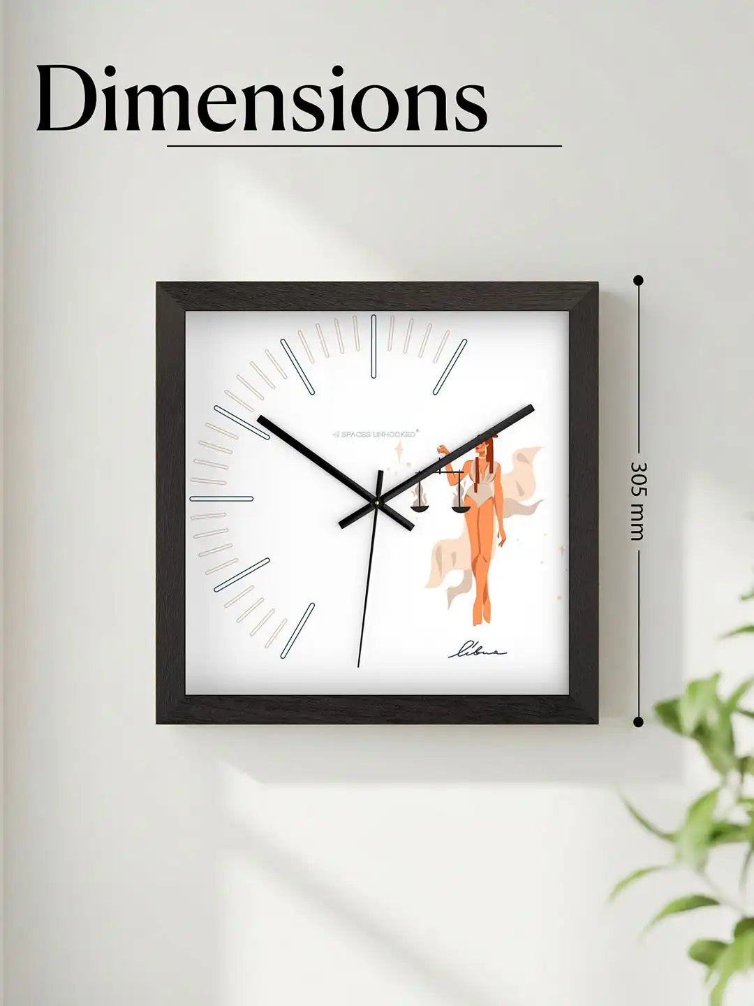 305mm Square Dark Wood Wall Clock Dimensions - Extra Large Wooden Wall Clock with Libra Woman Illustration Dial