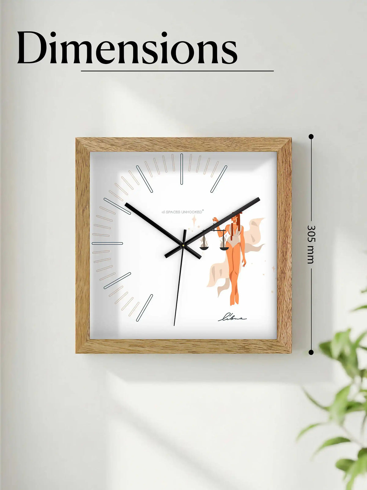 Libra Zodiac Wood Frame Wall Clock – Top Down View Natural Oak Frame Figure Illustration | Spaces Unhooked