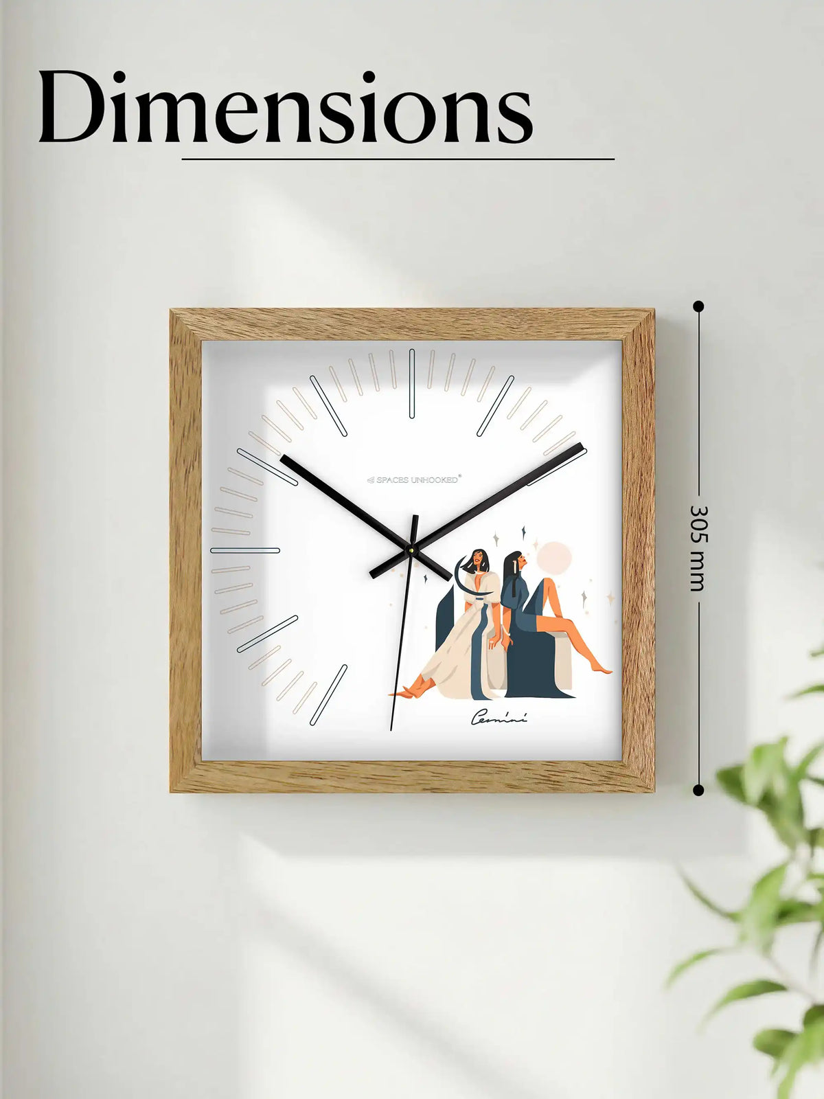 Gemini Zodiac Sign Wall Clock with Wooden Frame and 305 mm Square Dimensions