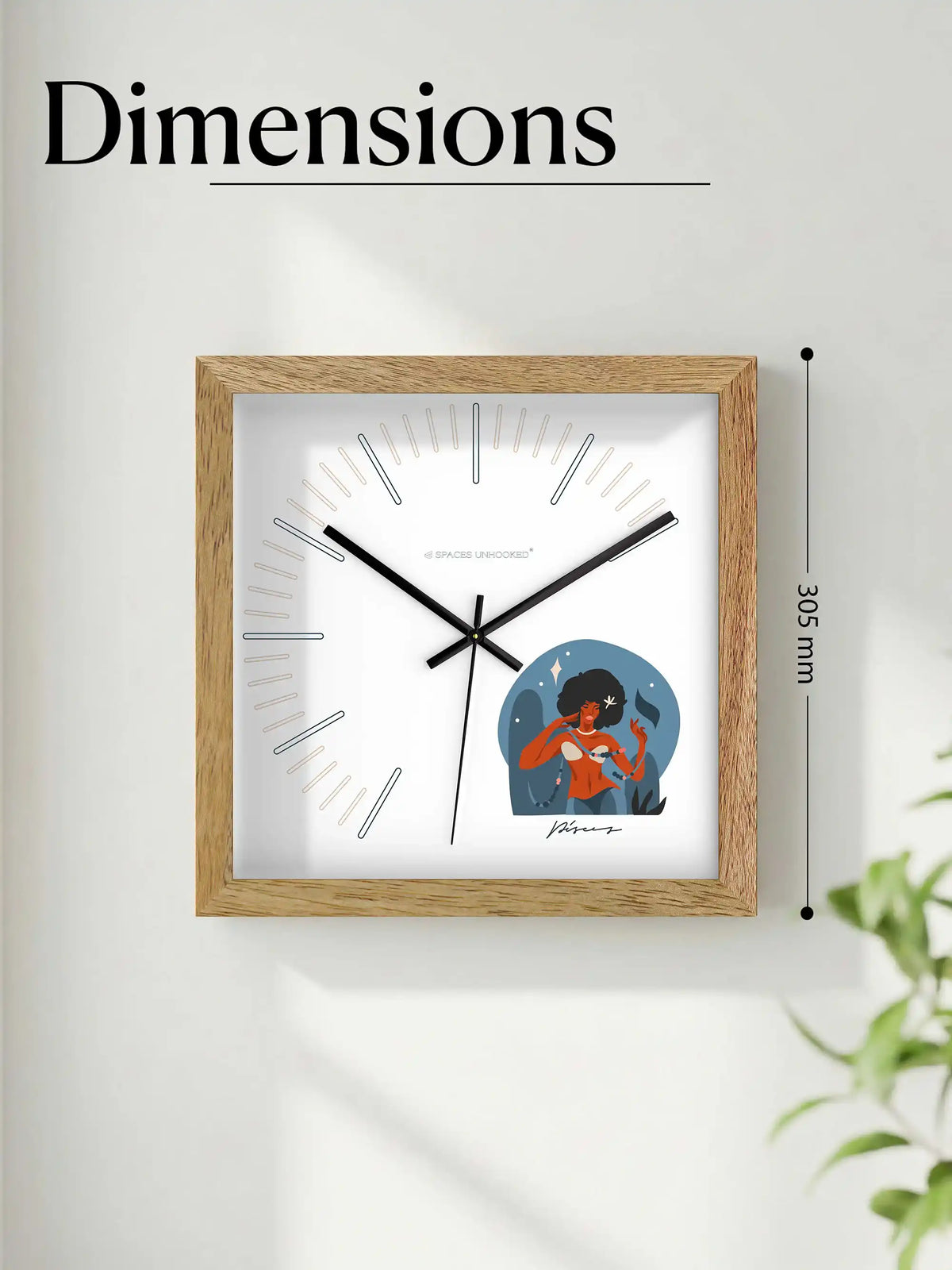 Pisces Zodiac Wood Frame Wall Clock – Top Down View Natural Oak Frame Black Shadow Box Detail | Spaces Unhooked
