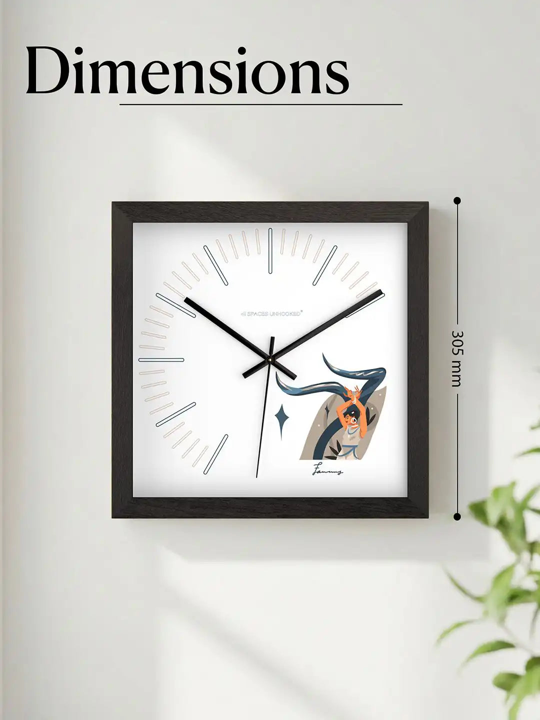 Dimension chart of the square black-framed wall clock showing overall size of 305 mm with illustrated product display.