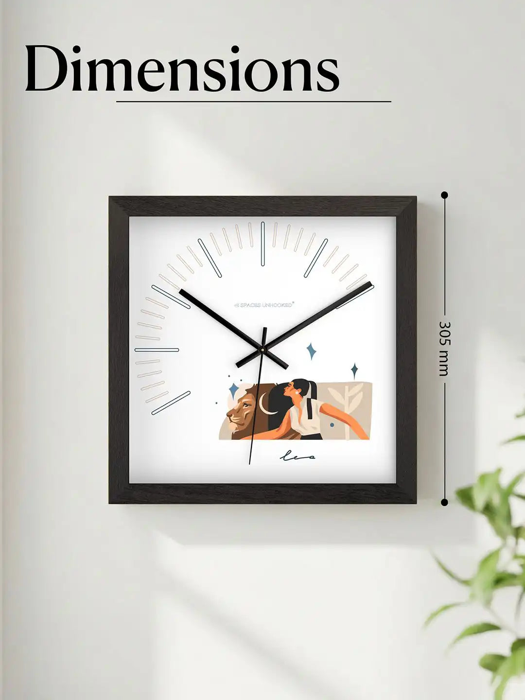 Leo zodiac wall clock mounted on a wall above a console table, showcasing contemporary design, black frame, and stylish home décor appeal.