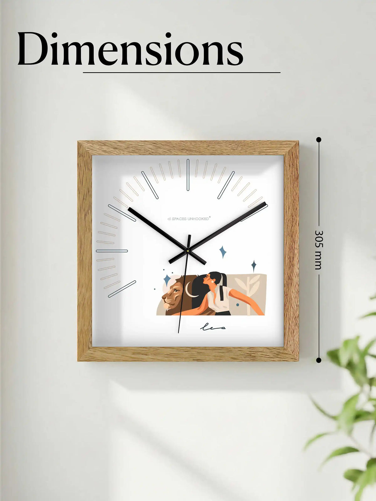 Leo Zodiac Wood Frame Wall Clock – Top Down View Natural Oak Frame Black Shadow Box Detail | Spaces Unhooked